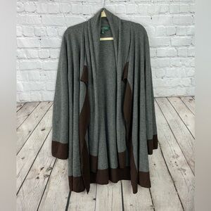 Lauren Ralph Lauren Size Large Wool Cashmere Open Scarfed Gray Brown Cardigan